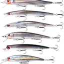 Saltwater Fishing Lures Kit 6pcs Minnow Plugs Topwater Crankbaits Popper Jerkbait with Treble Hooks Surf Fishing Lures Striper Bass Artificial Hard Baits Black Silver