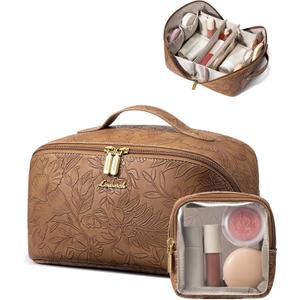 LOVEVOOK Travel Makeup Bag for Women, 2Pcs Large Capacity Cosmetic Organizer Bag, Waterproof PU Leather, Flat Open Portable Small Toiletry Pouch for Skincare, Brushes & Travel Essentials