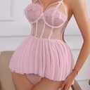 Verdusa Women's Sheer Mesh Lace Babydoll Lingerie Set Underwire Mini Dress with Thong (Large, Light Pink)