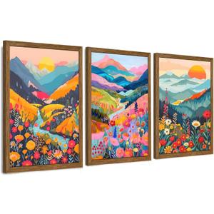 InspiredHues Colorful Mountain Boho Canvas Wall Art Set, 3 Piece Watercolor Flower Picture Wall Decor, Abstract Nature Landscape Artwork Prints for Living Room Bedroom Office 16x24 In Wood Framed