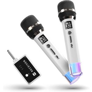 Wireless Microphones, Microphone with One-to-One Chip Connection and LED Lights, 40H Duration, 200FT Range Receiving, Volume Control Karaoke Microphone for Singing, Speech, Home Party, YouTube/TikTok (White)