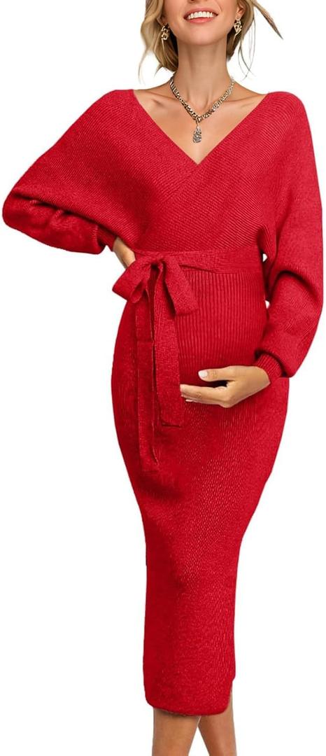 Fall Winter Maternity Nursing Dress 2026 Sweater for Women Wedding Guest Dress Baby Shower Photoshoot Outfits (Large, Red)