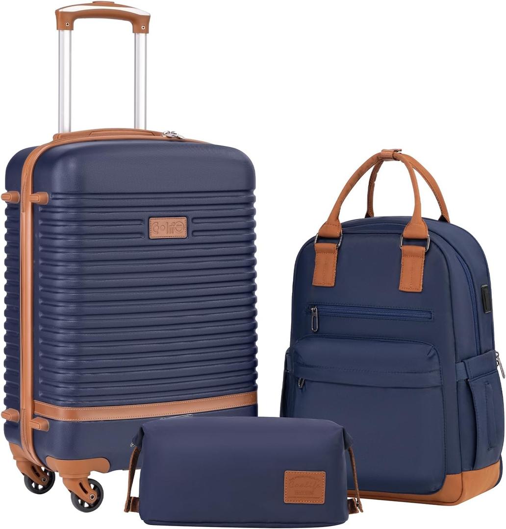 Coolife Suitcase Set 3 Piece Luggage Set Carry On Travel Luggage TSA Lock Spinner Wheels Hardshell Lightweight Luggage Set, Navy, 3 Piece Set (BP/TB/20)