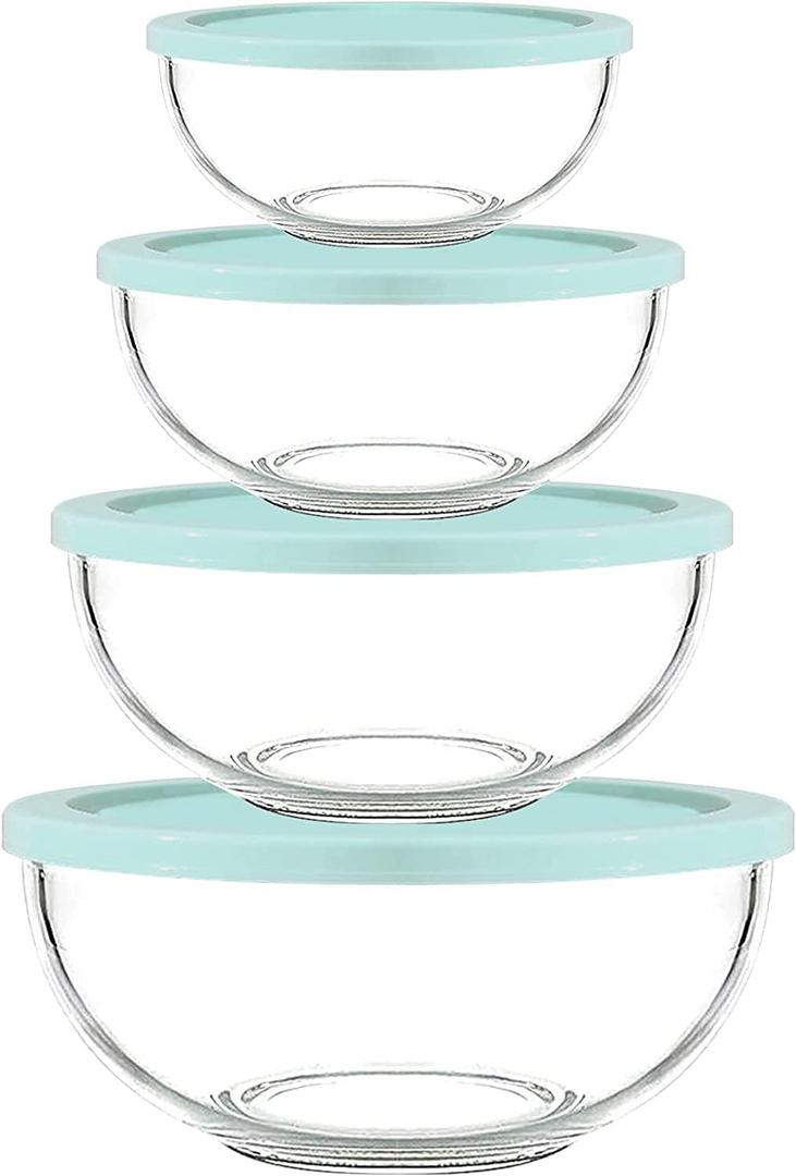 Luvan Borosilicate Clear Glass Mixing Bowls with Lids Set of 4 (0.53qt, 1.1qt, 2.1qt, 3.7qt), Space Saving Nesting Bowls Large Kitchen Salad Bowls for Meal Preping,Baking,Mixing,Dishwasher Safe