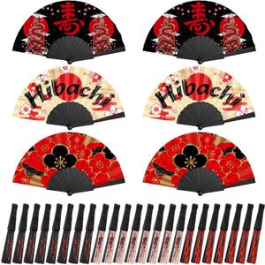 Threehoney 36 Pcs Japanese Hibachi Folding Fan Bulk Hibachi Birthday Party Decor Asian Chinese Folding Fan with Cherry Blossom Japanese Theme Fabric Handmade for Baby Shower Wedding Party Supplies