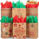 24 Christmas Kraft Gift Bags with 24 Tissue Papers, 7 x 8.6 x 3 Holiday Goody Bags with Handles, Xmas Treat Bags for Party Favors, Classroom Exchange, Present Wrapping