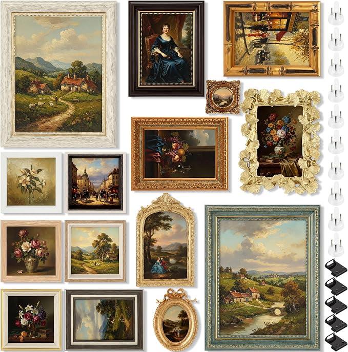 Kathfly 15 Pack Vintage Picture Frames for Wall, Tabletop Display Ornate French Country Frames Vintage Farmhouse Decor Antique Wall Frame Set for Gallery Bedroom Living Room Decor (Essential Style)