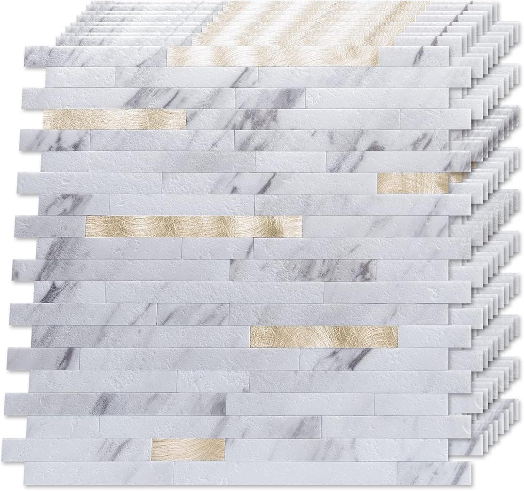 LONGKING 10-Sheet Peel and Stick Backsplash Tile, PVC Stick on Tile for Kitchen, Bathroom Vanities, Fireplace Dcor - White Marble Interspersed with Metal Gold LONGKING 10-Sheet Peel and Stick Backsplash Tile, PVC Stick on Tile for Kitchen, Bathroom Vanities, Fireplace Dcor - White Marble Interspersed with Metal Gold