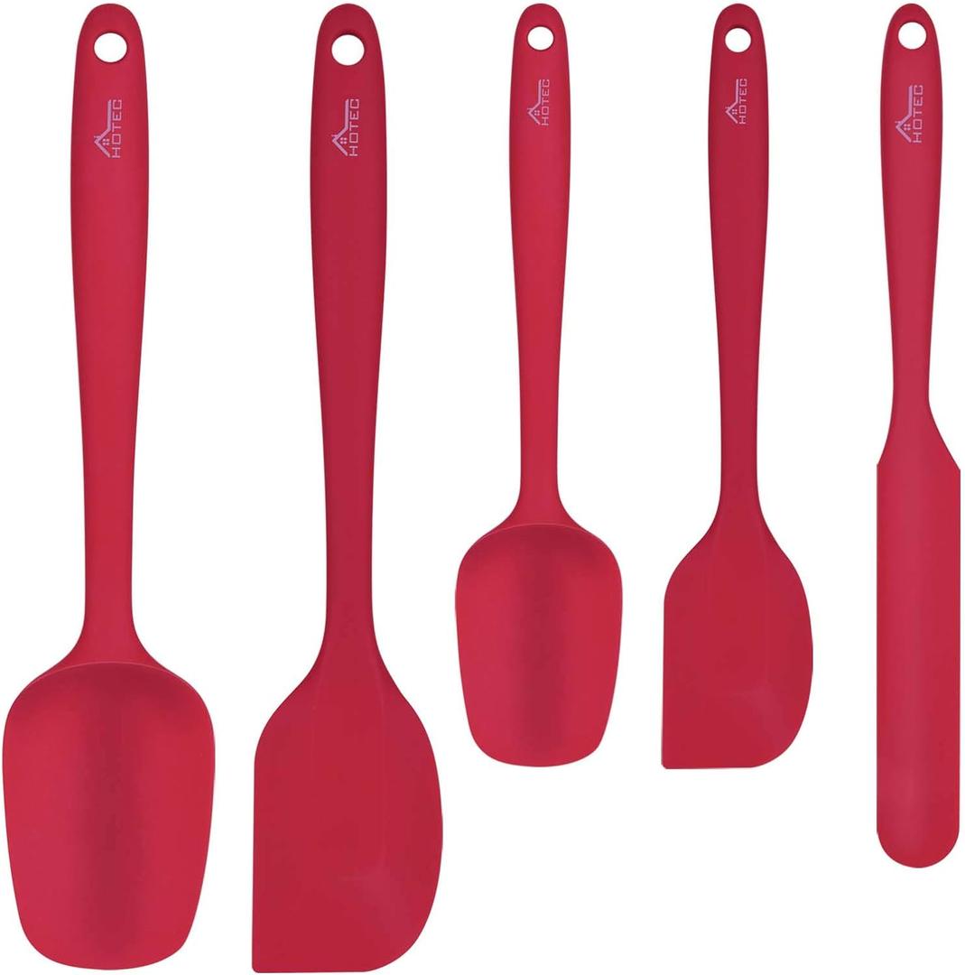 HOTEC Heat Resistant 600 BPA-Free Silicone Rubber Spatula Set, Kithchen Cooking Spatulas, Baking, Mixing, for Non Stick Cookware, Dishwasher Safe, Red Set of 5, 10.8