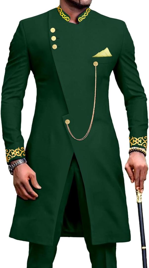 African Suits for Men Dashiki Embroidery Jackets and Pants 2 Piece Set Slim Fit Formal Outfits Wedding (XX-Large, Green)