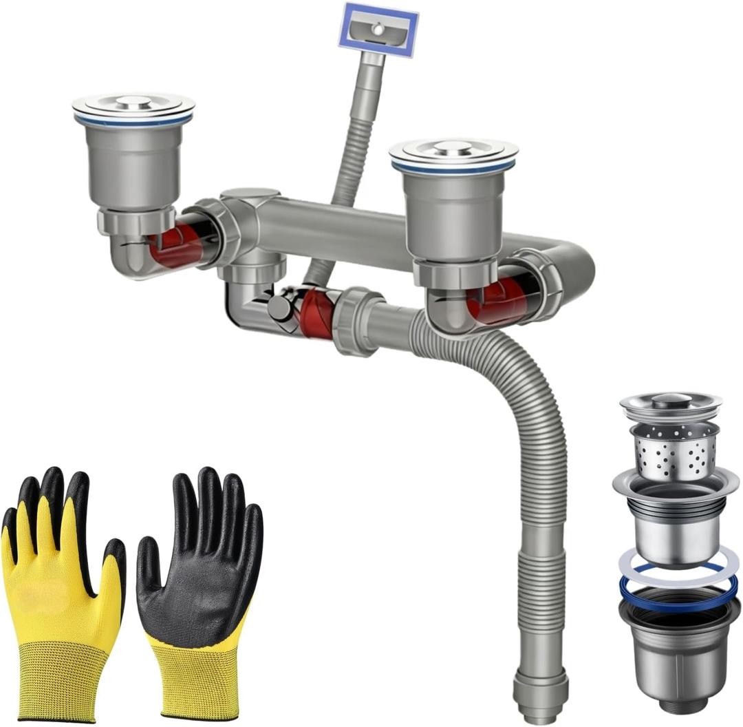 Double Sink Drain Kit - Expandable Flexible 1 1/2 Inch P-Trap Pipe, 3-1/2 Inch Sink Drain Assembly with 4-Way Fitting Adapter for Dishwasher, Space-Saving Drainage Solution for Kitchen Dual Basins