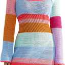 Women Crochet Knit Mini Dress Long Sleeve Colorful Mesh Cover Ups Casual Sweater Dress Summer Beach Wear (Medium)