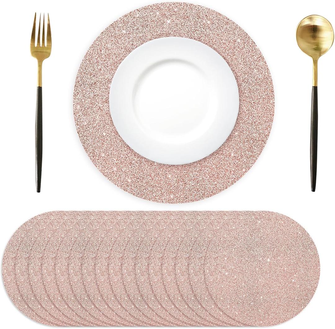 100PCS Rose Gold Paper Placemats Disposable 13.4 Inch Round Glitter Paper Place Mats Rose Golden Decorative Shiny Table Mats for Birthday Wedding Mother's Day Party Sparkle Table Decor