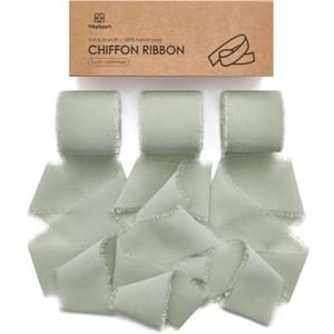 Vitalizart Sage Green Handmade Chiffon Silk Ribbon Fringe 3 Rolls 1.5" x 21 Yd Frayed Edges Ribbons for Wedding Invitations Bridal Bouquets Gifts Wrapping Crafts Holiday Decor