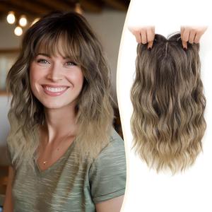 MARJORIE Hair Topper,Wavy Hair Toppers for Women 14inch Natural Looking Hairpiece with Wispy Bangs, Volume Booster Wiglet for Full Coverage, Quick Styling for Party/Date Night/Social/Content Creators (Brown Blonde with Dark Root)