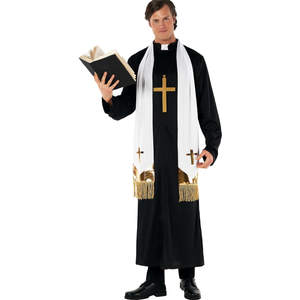 Morph Priest Costume Men Exorcist Outfit Adult Priest Costume With Collar Plus Accessories For Halloween Party, Size L