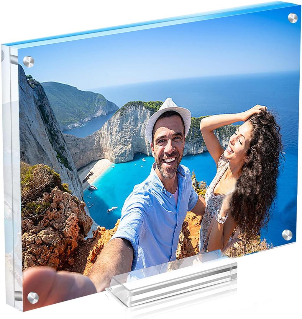 8x8 Square Acrylic Picture Frame with Magnetic, Frameless Double Sided Clear Frame with Base, Floating Lucite Transparent Photo Frame for Tabletop Display with Exquisite Package