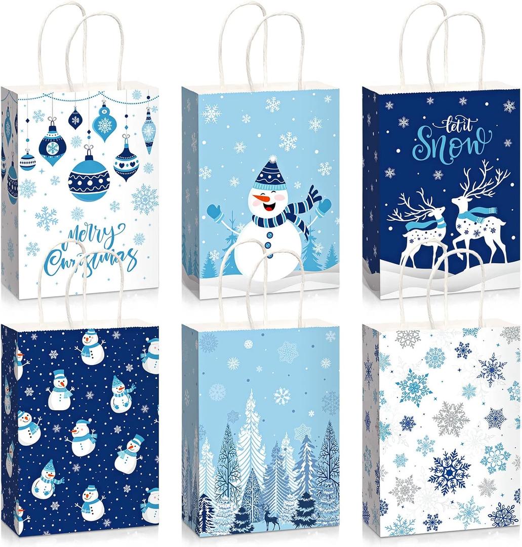 18 Pieces Christmas Snowflake Gift Bag Winter Wonderland Paper Party Goodie Bags with Snowflakes Snowman Deer Merry Christmas Decor for Winter Xmas Party Birthday Decoration 6.3 x 8.66 x 3.15 Inch