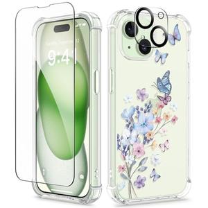 GVIEWIN for iPhone 15 Case Floral, with Screen Protector&Camera Lens Protector,[Non Yellowing] Soft Shockproof Clear Phone Protective Cover for Women, Flower Pattern Design 6.1" 