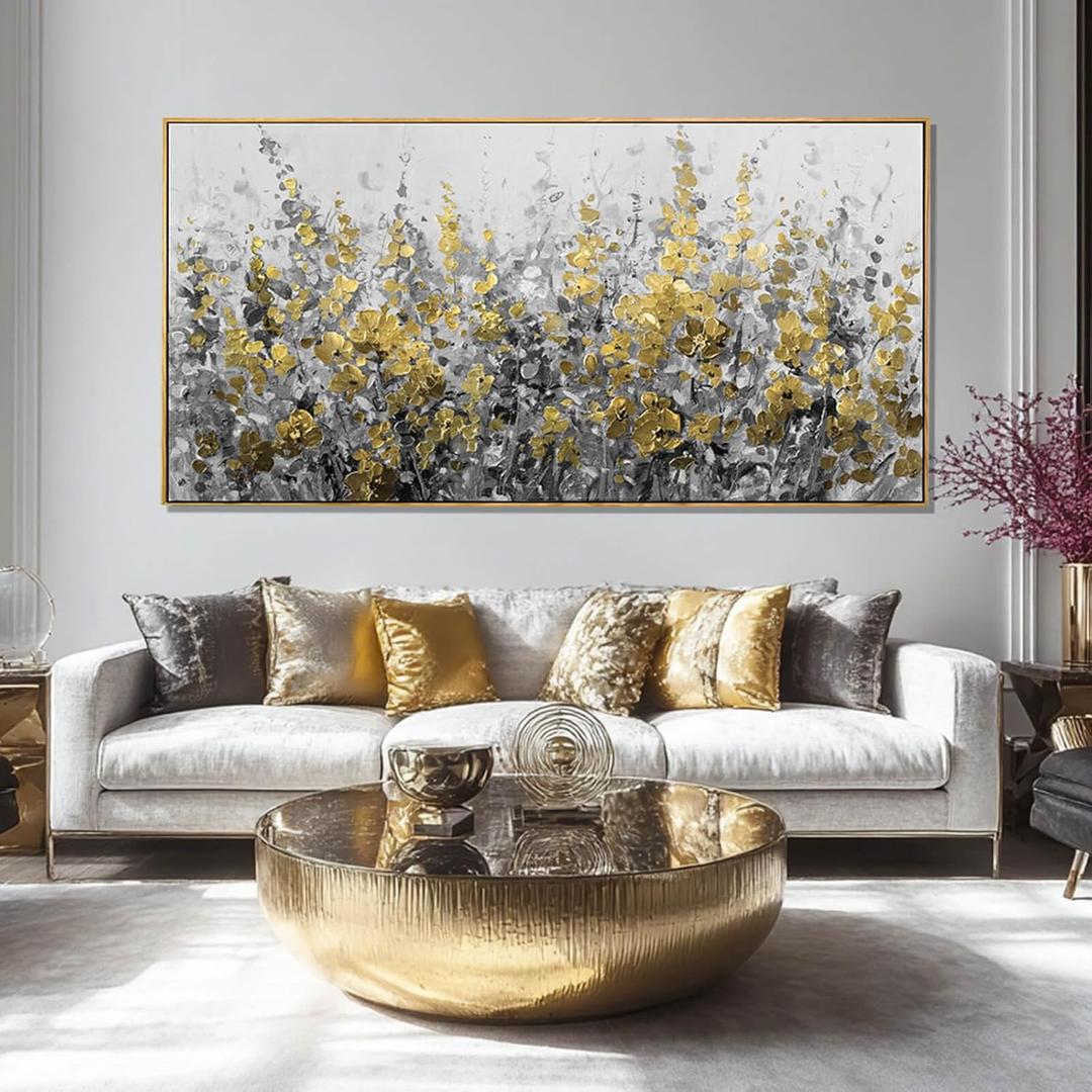 Framed Golden Floral Canvas Wall Art Large 29x58 Inch Grey and Gold Abstract Painting Textured Modern Flower Artwork for Above Couch Living Room Bedroom Home Decor