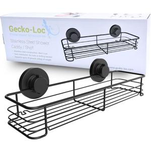 Gecko-Loc Large Wide suction cup wall mount bathroom shower caddy - wire storage basket rack for bath kitchen organizer - Black