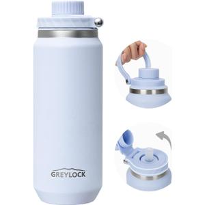 GREYLOCK 32 oz Insulated Water Bottle with Straw Lid, Leakproof Reusable Stainless Steel Vacuum Flask, 24hr Cold & Hot, Carry Handle & Silicone Spout, BPA-Free for Gym, Hiking, Travel,Blue
