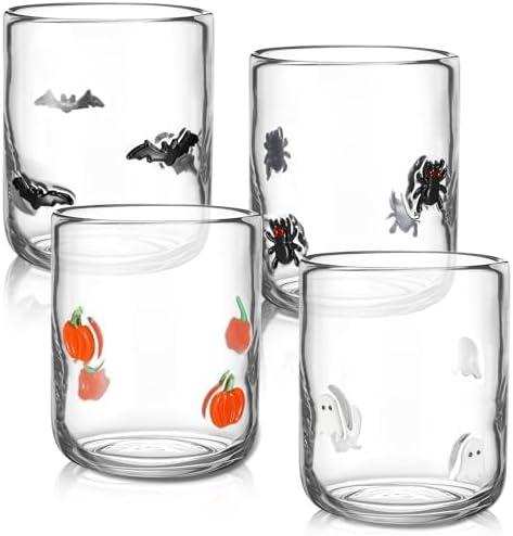 Skylety 4 Pcs Halloween Icon Glass Cups Set - 14oz Pumpkin Spider Bat Ghost Stemless Wine Glasses Double Old Fashioned Icon Hand Blown Drinking Cups for Halloween Party Supplies & Gift