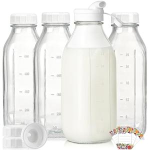 Liter Glass Milk Bottles w Scale, 100% Airtight Heavy Duty Screw Lid - 4 Pack 32 Oz Drinking Jars w Lids - Glass Bottles for Milk, Honey, Jam - Dishwasher Safe(Extra 2 Lids and 1 Pour Spout)