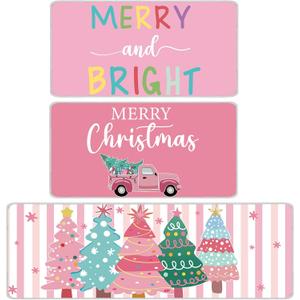 Dunzy 3 Pcs Watercolor Pink Merry Christmas Kitchen Rugs and Mats Set Winter Pink Striped Xmas Tree Stars Kitchen Floor Mats Merry and Bright Non Slip Bathroom Rug Decor for Holiday Decoration
