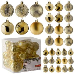 Prextex 36-Pieces Champagne Christmas Ornaments Set - Shatterproof, Festive Christmas Balls Decorations in 3 Sizes and 6 Styles with Hanging Loops for Tree, Wreath, and Dazzling Holiday Party Decor