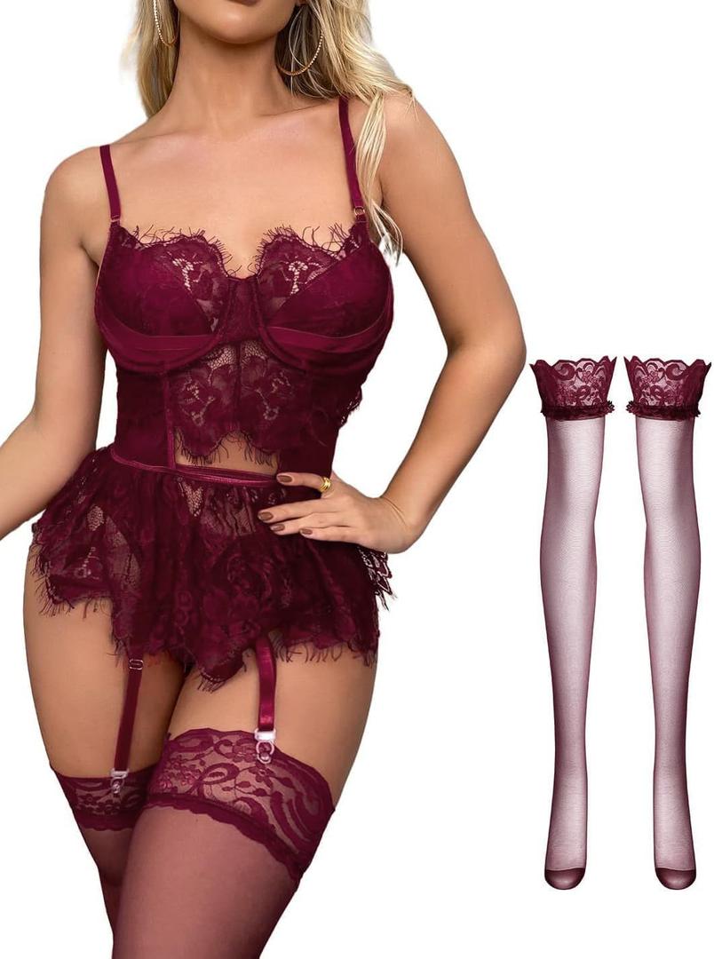 Lilosy Sexy Stocking Underwire Babydoll Lace Mesh Garter Lingerie Set with Panty 4 Piece (Large, Red)