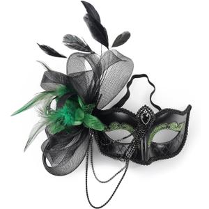 2 x elegant black feather masquerade ball mask for women and men - perfect couple accessory for masquerade Halloween (Green)