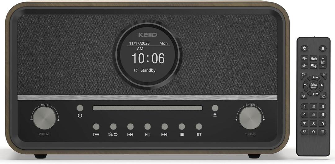 KEiiD Clock Radio CD Player with Speakers Bluetooth Compact Multimedia Stereo System for Home, Dual Alarms with Detailed Settings, FM Radio, USB, AUX, Bluetooth Receiveer/Transmitter