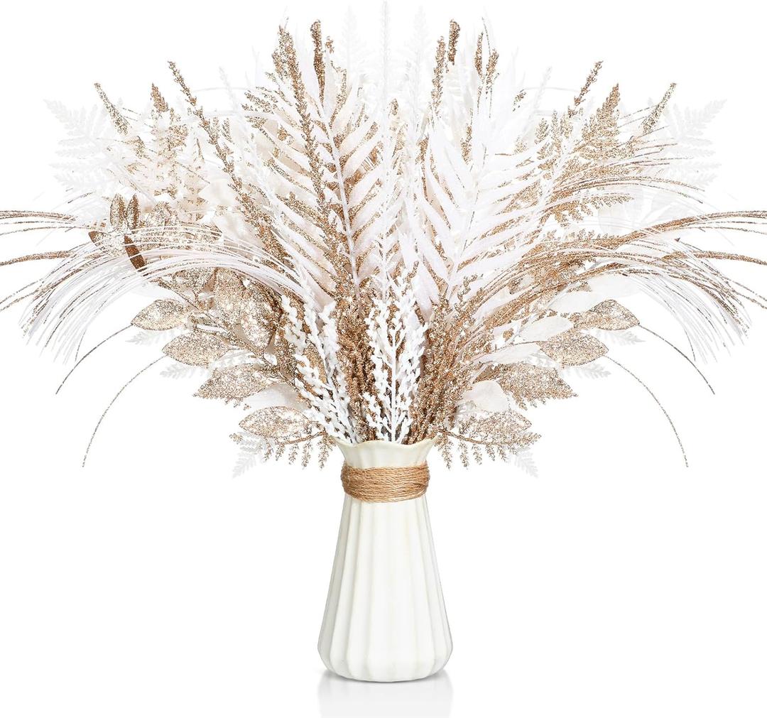 50 Pcs Champagne Gold and White Christmas Tree Picks and Sprays Xmas Tree Topper Glitter Pine Twigs Faux Glittery Branch Stems for Christmas Vase Wreath Decoration DIY Craft Supplies