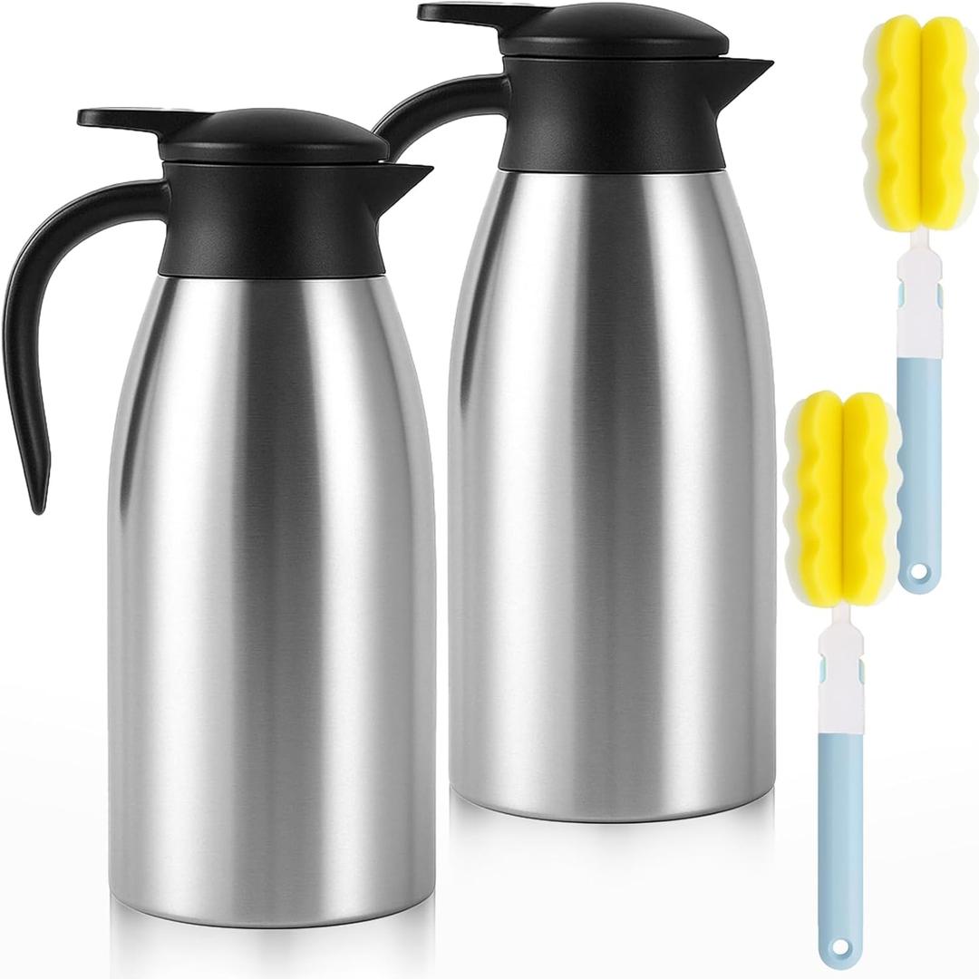 2 Pcs 68 OZ Insulated Coffee Carafe  Thermal Stainless Steel Carafe for Hot Liquids | Double Wall Coffee Thermos Dispenser with Cleaning Brushes  Keep 12H Hot & 24H Cold