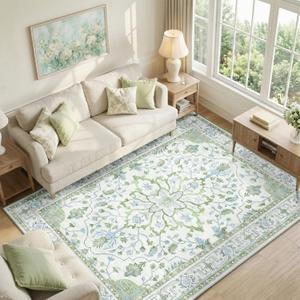 RELEANY Washable Area Rug, 6'x8', Green/White/Blue