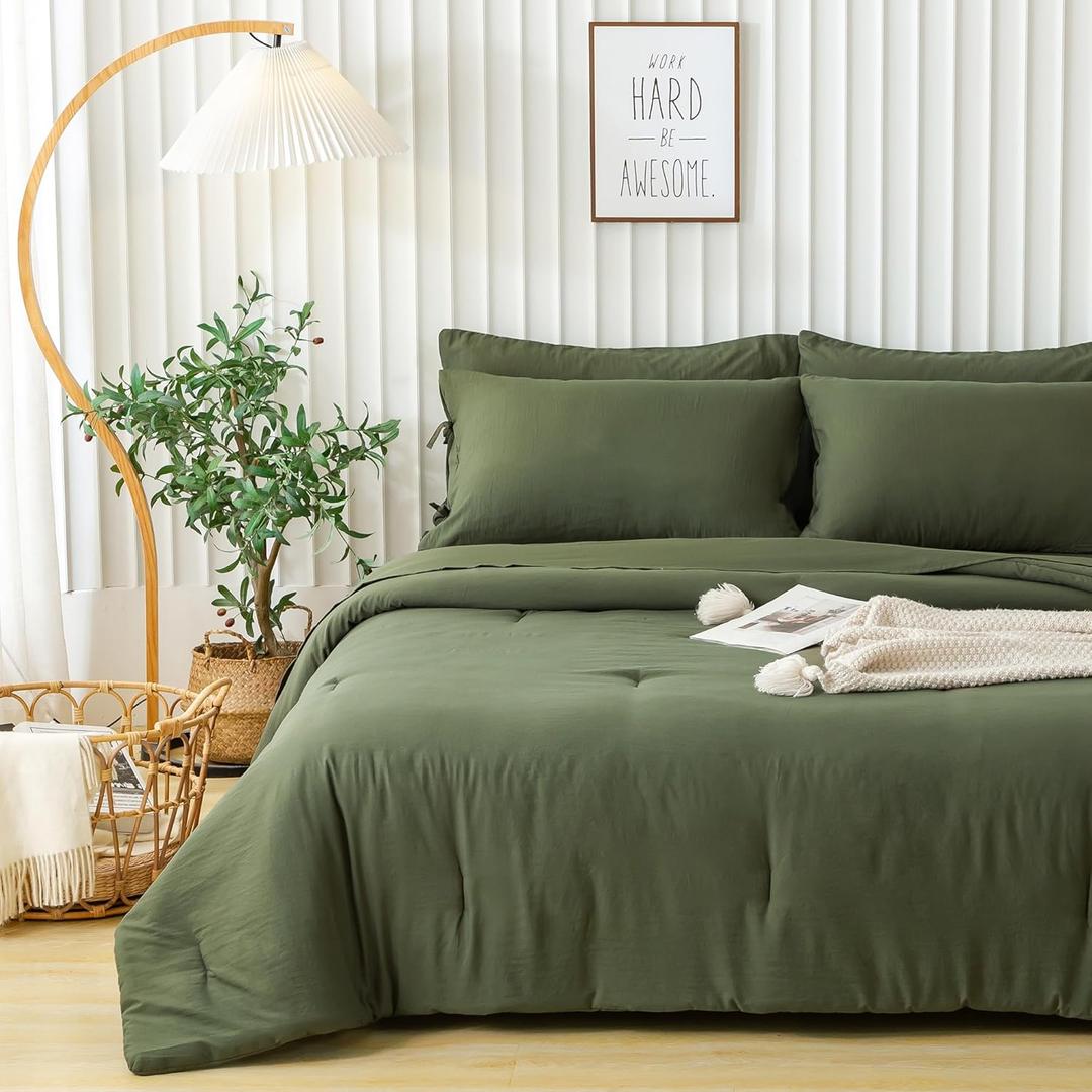 5-Piece Ultra-Soft Twin Bed Sheets and Comforter Set, Lightweight Washed Cozy PolyCotton Quilt for All Season, 1 Comforter Flat Sheet Fitted Sheet 1 Pillow Case 1 Pillowsham(Olive Green,Twin)