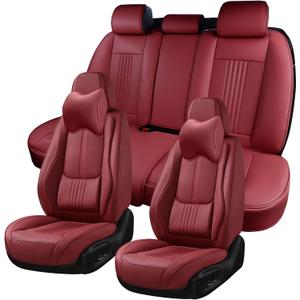 Car Seat Covers Full Set, Front and Rear Seat Covers for Cars, Waterproof Leather Auto Seat Protectors with Head Pillow, Car Seat Cushions Fit for Most Sedans SUV Pick-up Truck, Red