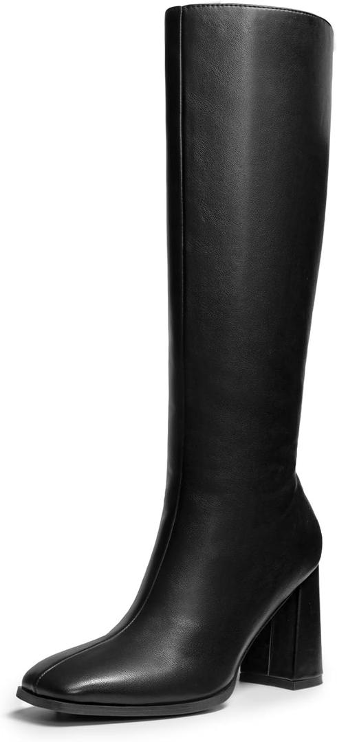 DREAM PAIRS Knee High Boots for Women Square Toe Gogo Chunky Heel with Side Zip (6.5)