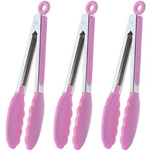 HINMAY Serving Tongs with Silicone Tips 9 Inches Stainless Steel Food Tongs, Set of 2(Pink)