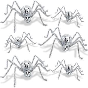 6pcs Halloween Disco Spider Decor 7.9'' 3.9'' Fake Spider Disco Ball Table Decoration Silver Vintage Glitter Mosaic Mirror Web Ornament for Indoor Tabletop Haunted House Hanging Prop Party Decor