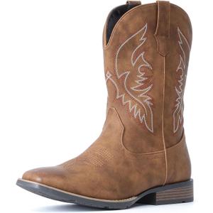 IUV Cowboy Boots For Men Square Toe Western Boot Durable Retro Classic Embroidered Pull On Boot Slip Resistant Country Boots 7.5 Wide, Brown