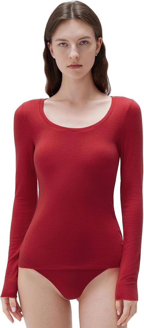 SUUKSESS Cloud Cashmere Women Scoop Neck Fitted Long Sleeve Shirt Basic Knit Tops (Large, Red)