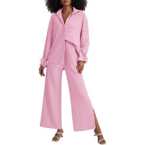 LYANER Women's 2 Piece Outfits Button Down Long Sleeve Shirt and Wide Leg Pants Set (Large, Light Pink)