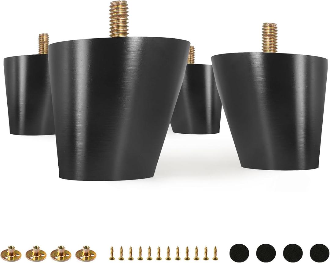 FoDau770 Black Rubber Wood Furniture Legs 2 Inches, Slant Tapered Wood Feet Mid Century Sofa Legs Set of 8, 5/16" UNC Furniture Feet Replacement Parts for Cabinet Couch Dresser Chair Ottoman Table (2 Inch, Black)