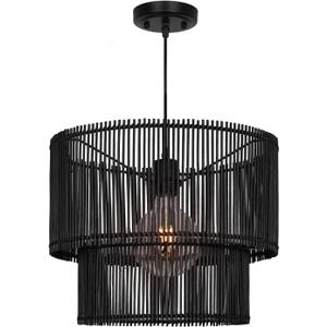Woven Rattan Pendant Lamp, 16 Inch Large Natural Simple Hand Weaved Coastal Beach Black Rope Hanging Pendant Light Fixture for Dining Room Living Room Bedroom Kitchen Foyer, 6528L