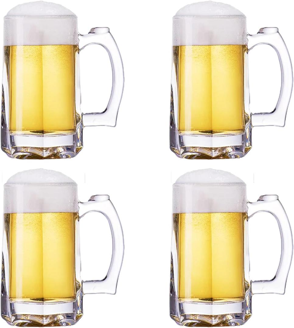 Heavy Beer Mugs Set, 12.5oz Glass Mugs With Handle, Beer Glasses For Freezer, 370ml Beer Drinking Glasses, Traditional Stein For Bar, Alcohol, Beverages,Coffee, Teas, Set of 4