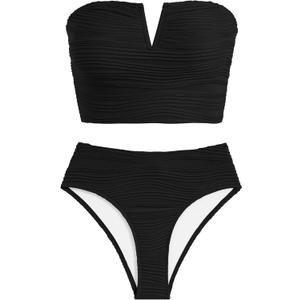 ZAFUL Womens Bandeau Bikini Set Strapless Textured Two Piece Lace up Bathing Suits High Waisted V-Neck Swimsuits (Large, Black)