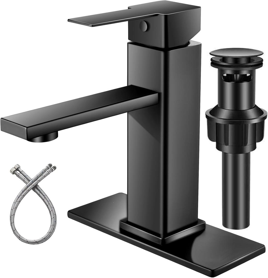 Bathroom Faucet Black Sink Single Hole Single Handle Vanity Sink Faucet Matte Black Modern Commercial RV with pop-up Drain for 1 or 3 Hole Bathroom Sink (short)