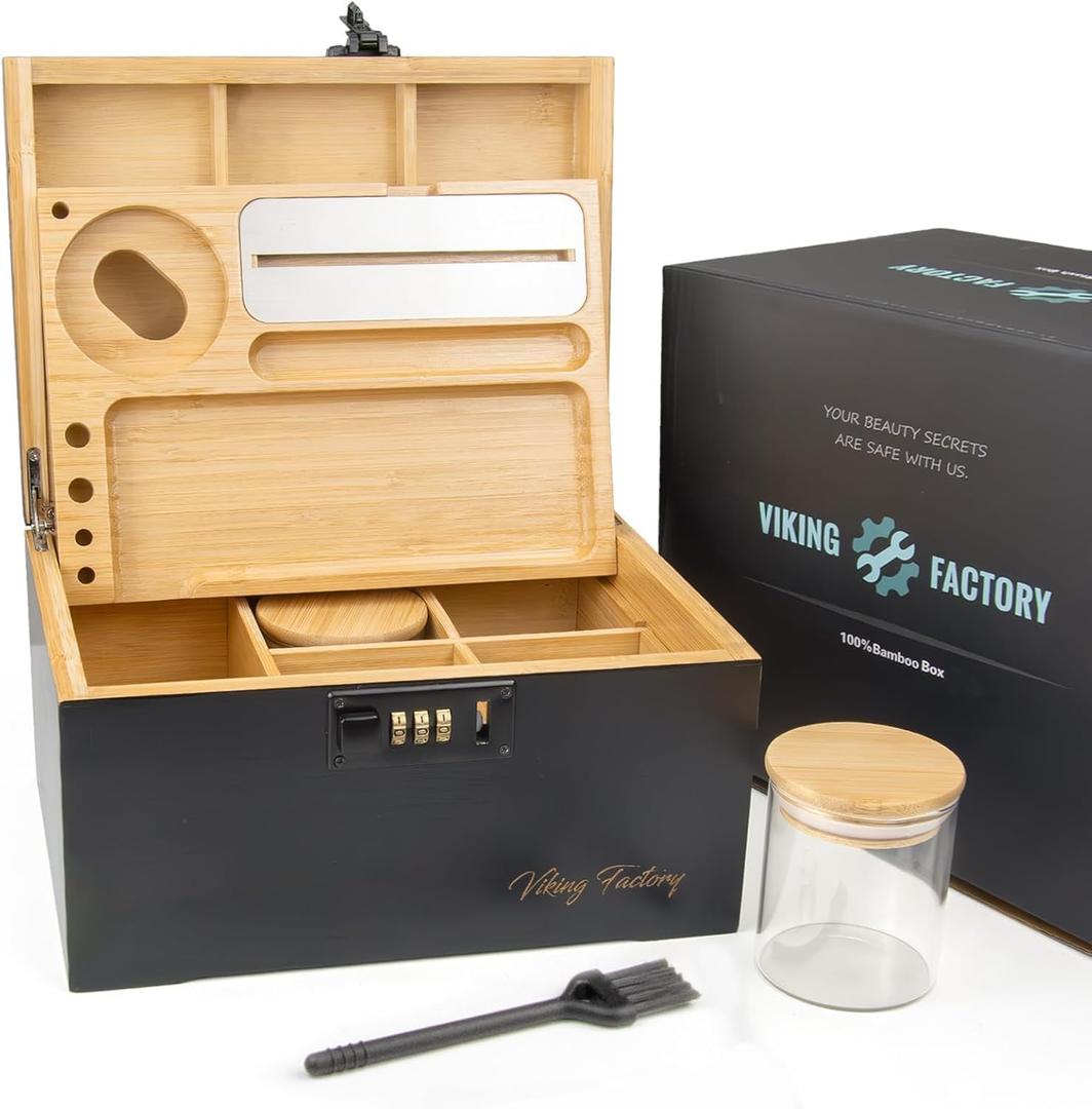 Lockable Stash Box with Combination Lock Compact Bamboo Stash Box Organizer with Tray, Discreet Private Storage for Home (Bin Size :9.5 x 7.1 x 5.3 in)